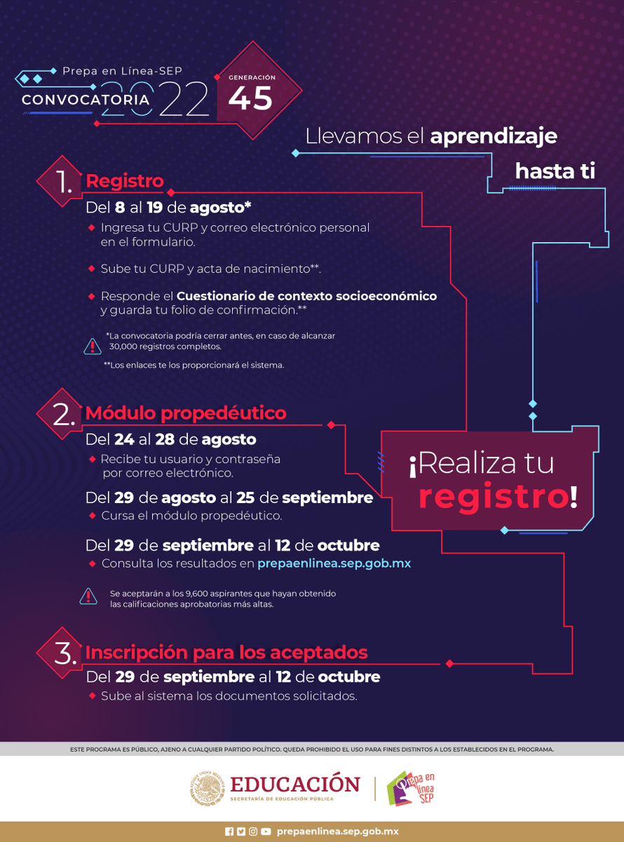 📣 ¡Ya está abierta la convocatoria! 

Si quieres concluir tu bachillerato en línea, no dejes pasar esta oportunidad.

Hoy inicia el periodo de registro para la generación 45 de <a href="/PrepaLineaSEP/">Prepa en Línea-SEP</a>. 

Regístrate del 8 al 19 de agosto. 👨‍💻👩‍💻📚📝

👉 bit.ly/3Qq0jlp