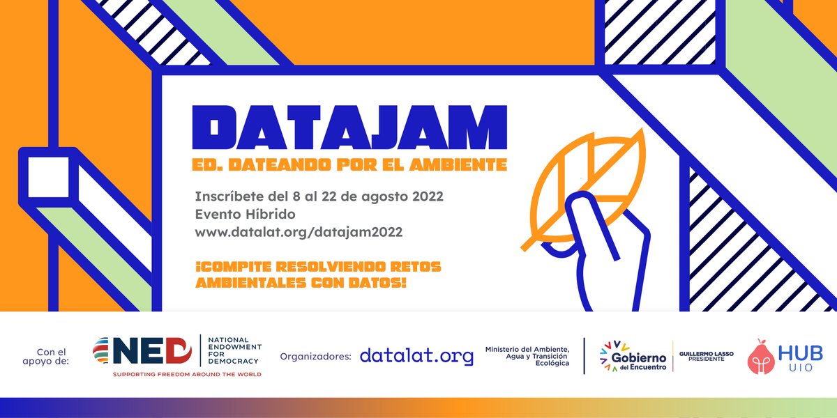 EcuadorMAE's tweet image. 📣🌱 ¿Te interesan los datos y el medio ambiente?
Participa en el Datajam: Dateando por el ambiente, un evento para utilizar datos abiertos ambientales.

📅 Inscríbete del  08  al 23  de agosto de 2022
🔗Más información: datalat.org/datajam2022

#Datajam2022 #Dateandoec
