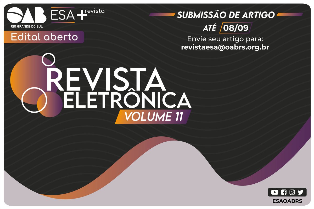 📍 A ESA/RS torna público o edital para a submissão de artigos científicos para composição da 11ª edição da Revista Eletrônica da ESA/RS. 
📲 Acesse o site da ESA/RS no link bit.ly/3JTwwQ9 para mais informações!