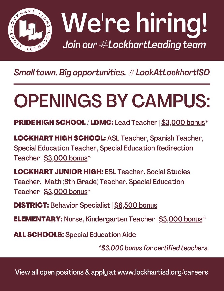 LockhartISD's tweet photo. WE'RE HIRING TEACHERS & STAFF! Know someone who could be a perfect fit for Lockhart Independent School District? Share this tweet with them & encourage them to #LookAtLockhartISD!
➡️ View all open positions + apply at: https://t.co/AtrX1VjfsE. https://t.co/3KLVHixB5o