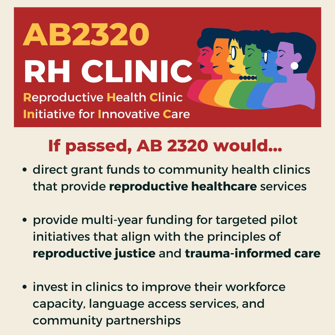 For CA to be a #ReproductiveFreedom state, legislators should pass #AB2320. AB 2320 would direct $$$ to community health clinics that provide repro healthcare services + support trauma-informed initiatives. <a href="/Portantino/">Anthony Portantino</a> <a href="/SteveBradford/">Steven Bradford</a> <a href="/SydneyKamlager/">Sydney Kamlager</a> <a href="/SenJohnLaird/">Senator John Laird</a> <a href="/BobWieckowskiCA/">Bob Wieckowski</a>