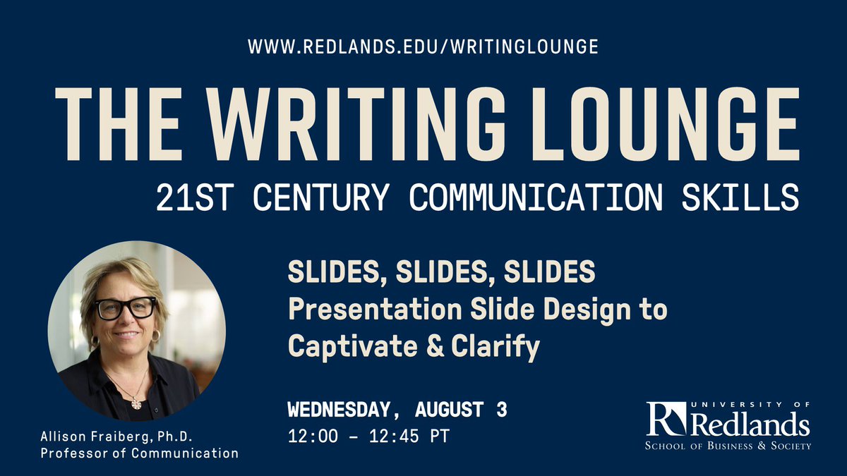 AllisonFraiberg's tweet photo. Miss last week’s #WritingLounge on slide design tips? Here’s the recording: https://t.co/7dU4xC2qzB
@UofRedlands @soebulldog @URBusAndSociety @OpenAcademics @openlibrary #redlands @JBoucher_Edu @MsNyreeClark https://t.co/eYVHK5hwsI