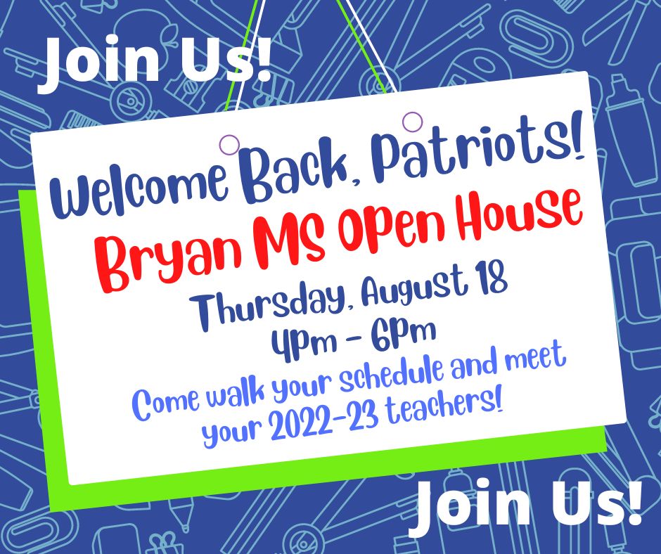 Join us for Open House next Thursday, August 18th 4:00pm - 6:00pm. Also, don't forget Sixth Grade 101 is tonight at 6:30!