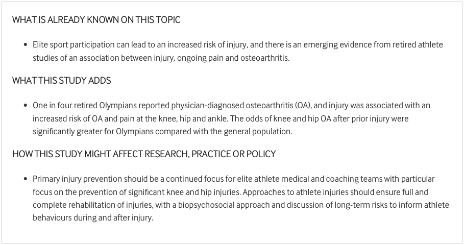 BJSM_BMJ's tweet photo. 📣 Latest #OriginalResearch 📄What is the prevalence of lower limb osteoarthritis in retired Olympians and how does it compare to the general population?🥇🏃‍♀️

Are there factors associated with increased risk?🤔

Thanks @DebbiePalmerOLY and team👏

READ ➡️ https://t.co/5aFbl1Y50j https://t.co/ZYCu7cfjDf