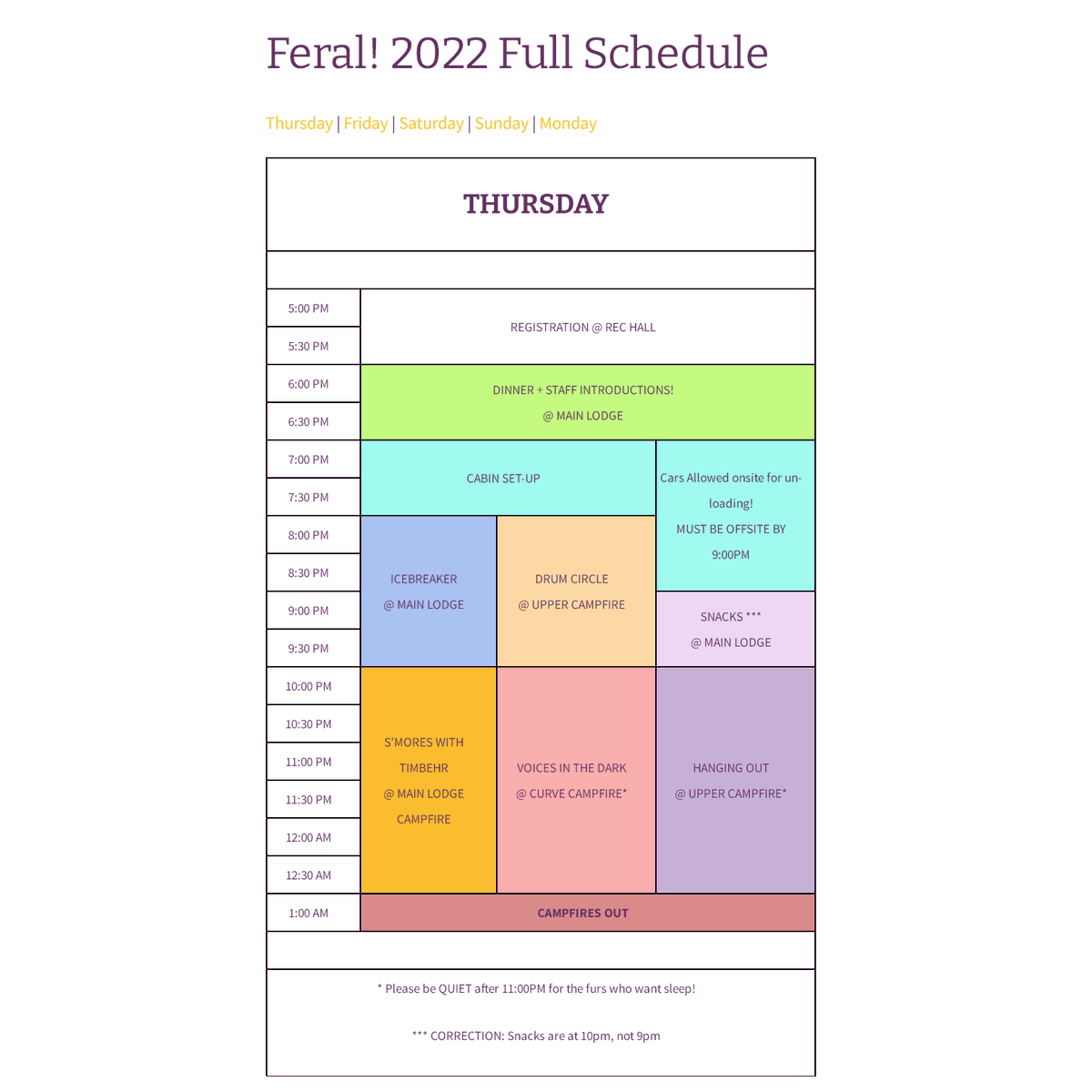CampFeral's tweet photo. The Feral! 2022 programming schedule is now live! 

#feral #feral2022 #campferal #furry #furrycon #schedule #programming #getsoft https://t.co/lYqnSEI5DN