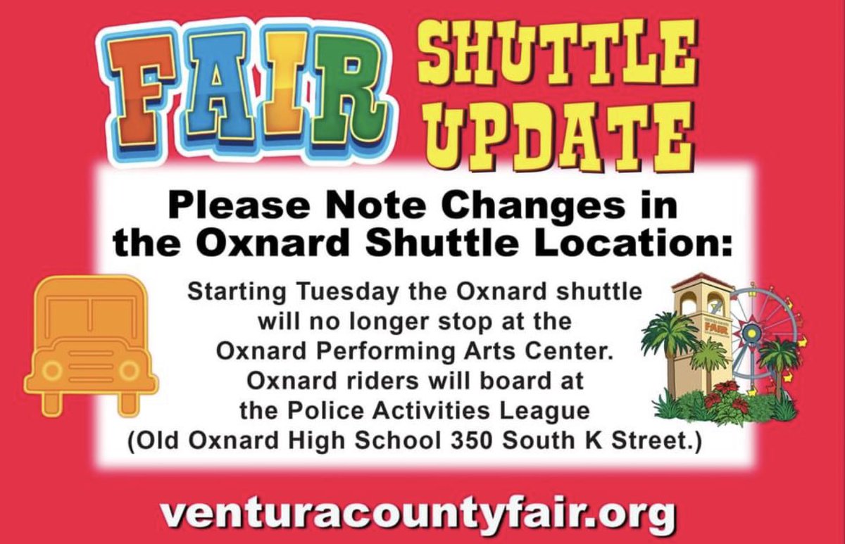 OXNARD SHUTTLE RIDERS PLEASE NOTE:

Starting Tuesday the Oxnard shuttle will no longer stop at the Oxnard Performing Arts Center. Oxnard riders will board at the Police Activities League (Old Oxnard High School) 350 South K Street.