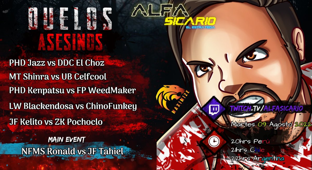 MaximizeTeam (@maximizeteam) on Twitter photo Mañana nuestro <a href="/alfasicario/">alfasicario</a> nos trae mas carniceria de SFV en los tremendos Duelos Asesinos,exhibiciones FT5 de grandes jugadores feat Tahiel,Pochoclo, Celfcool,Jazz entre otros.
Imperdible panorama si quedaste con ganas post Evo
No te pierdas las accion twitch.tv/alfasicario Mañana nuestro <a href="/alfasicario/">alfasicario</a> nos trae mas carniceria de SFV en los tremendos Duelos Asesinos,exhibiciones FT5 de grandes jugadores feat Tahiel,Pochoclo, Celfcool,Jazz entre otros.
Imperdible panorama si quedaste con ganas post Evo
No te pierdas las accion twitch.tv/alfasicario