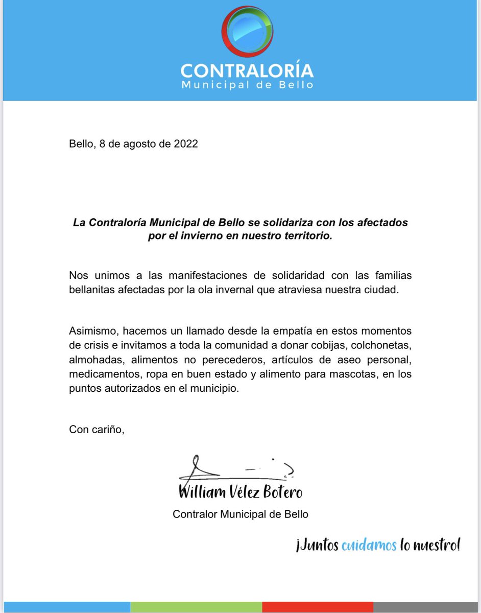 ContraloriBello's tweet photo. #ComunicadoalaOpiniónPública | Nuestro Ente de Control se solidariza con las familias afectadas por la ola invernal y hacemos un llamado desde la empatía para donar. #JuntosCuidamosLoNuestro https://t.co/4lxUfR2Lq7