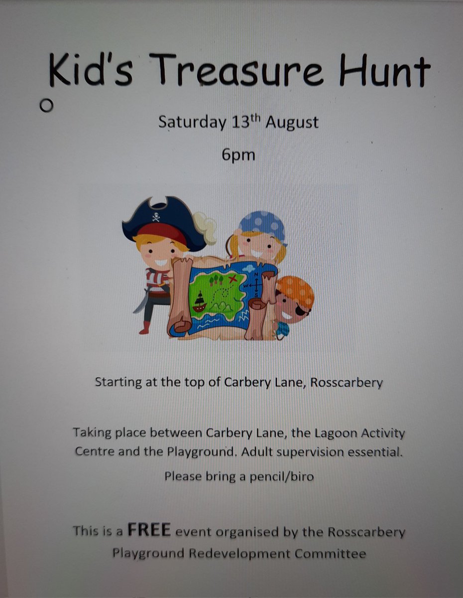 Rosscarbery Playground (@ross_playground) on Twitter photo Kids Treasure Hunt. This is a free event, organised by us as part of the Rosscarbery Family Festival come along and enjoy the fun. PLEASE RT <a href="/celtic_cottages/">Celtic Cottages</a> <a href="/CelticRossHotel/">Celtic Ross Hotel</a> <a href="/SmugglersCoveIE/">Smugglers Cove Rosscarbery</a> <a href="/CarberyRangers/">Carbery Rangers GAA</a> <a href="/SouthernStarIRL/">The Southern Star</a> <a href="/RosscarberyReci/">Avril Allshire-Howe</a> <a href="/IloveClonakilty/">I Love Clonakilty</a> <a href="/rossladiesLGFA/">rossladies</a> Kids Treasure Hunt. This is a free event, organised by us as part of the Rosscarbery Family Festival come along and enjoy the fun. PLEASE RT <a href="/celtic_cottages/">Celtic Cottages</a> <a href="/CelticRossHotel/">Celtic Ross Hotel</a> <a href="/SmugglersCoveIE/">Smugglers Cove Rosscarbery</a> <a href="/CarberyRangers/">Carbery Rangers GAA</a> <a href="/SouthernStarIRL/">The Southern Star</a> <a href="/RosscarberyReci/">Avril Allshire-Howe</a> <a href="/IloveClonakilty/">I Love Clonakilty</a> <a href="/rossladiesLGFA/">rossladies</a>