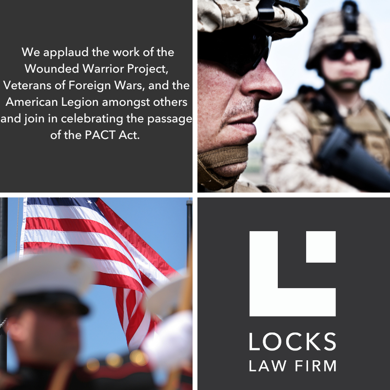 LocksLawFirm's tweet photo. Locks Law Firm celebrates the passage of the PACT Act. This bill provides needed protections to millions of veterans, including those exposed to contaminated drinking water at Camp Lejeune. Learn more about this historic bill here https://t.co/5a8jt9SVnO https://t.co/Jy0F29xHkf