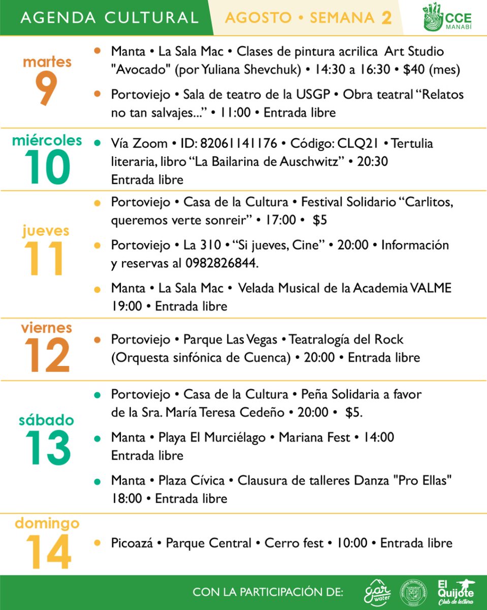 ManabiCce's tweet photo. #AgendaCultural
Te presentamos las actividades de la segunda semana de agosto. 
Síguenos para conocer más:

📌https://t.co/Io8QTMPSiV https://t.co/oyacuVpXho