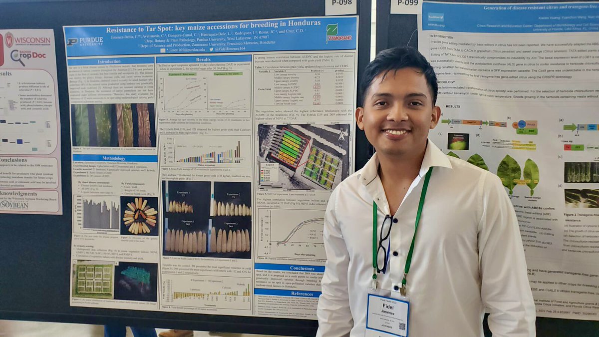 If you are interested in Tar spot and maize resistance as well as remote sensing, come visit me on Tuesday 8/09 at 2:30 pm. My poster is P-098. See you there! 🙌🏽 #PlantHealth2022 <a href="/plantdisease/">The American Phytopathological Society</a> <a href="/PurdueBPP/">Purdue BPP</a>