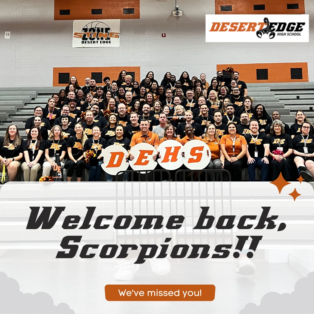 DesertEdgeHS's tweet photo. What a wonderful first day for the Class of 2026! We look forward to welcoming the rest of our Scorpion Nation back tomorrow morning! 🧡🦂🖤 #DEHS #ScorpionNation #WeAreDE #DesertEdgeHighSchool #DesertEdgeHS #WeRDE #CreatingChoice #CraftingCharacter #CultivatingCommunity #AFUHSD https://t.co/pIHqaHuOQn