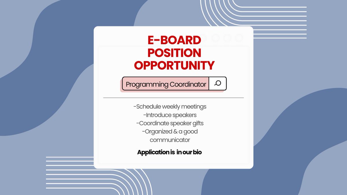 BUPRSSA's tweet image. Hi everyone! We are seeking someone to fulfill the programming coordinator position on our e-board. The application is linked in our bio and it will close 8/17. Please reach out to Yadira (cabreraybu.edu) or Caroline (ccslee@bu.edu) with any questions.