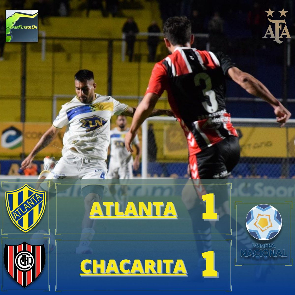 SuperfutbolO's tweet photo. PARIDAD EN EL CLÁSICO DE VILLA CRESPO 🙅‍♂️🙅‍♂️

Atlanta y Chacarita empataron 1 a 1 en el Don León Kolbowsky 🟡🏟🔵 por la 28va Fecha de la Primera Nacional 👆🇦🇷

⚽ J. Galeano (81') (ATL)
⚽ A. Masuero (66') (CHA)

🔵🟡 14/08 VS G. Brown (PM)
🔴⚫ 14/08 VS San Martín (SJ) https://t.co/HM8bC6d2VL