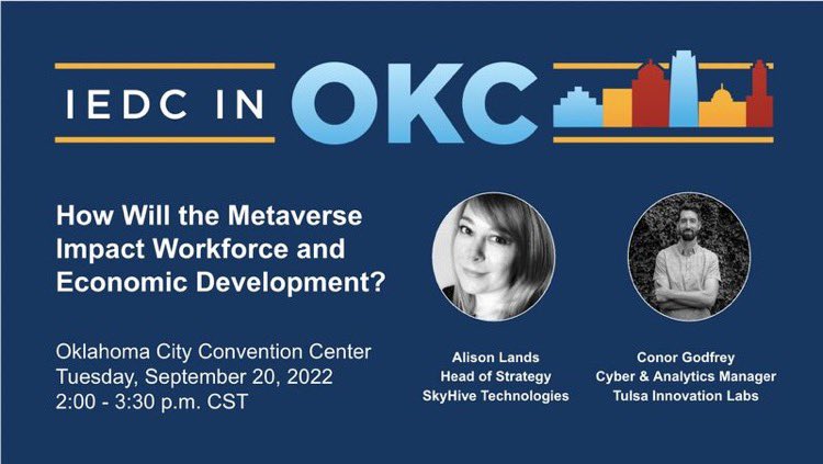 Alison Lands (@alison_lands) on Twitter photo Join me and <a href="/Conor_Godfrey/">Conor Godfrey</a> of <a href="/tulsainnovation/">Tulsa Innovation Labs</a> at #IEDCOKC as we unpack how the #metaverse will transform the way we deliver value to our communities. REGISTER: iedcconferences.org/OKC/register/ Join me and <a href="/Conor_Godfrey/">Conor Godfrey</a> of <a href="/tulsainnovation/">Tulsa Innovation Labs</a> at #IEDCOKC as we unpack how the #metaverse will transform the way we deliver value to our communities. REGISTER: iedcconferences.org/OKC/register/