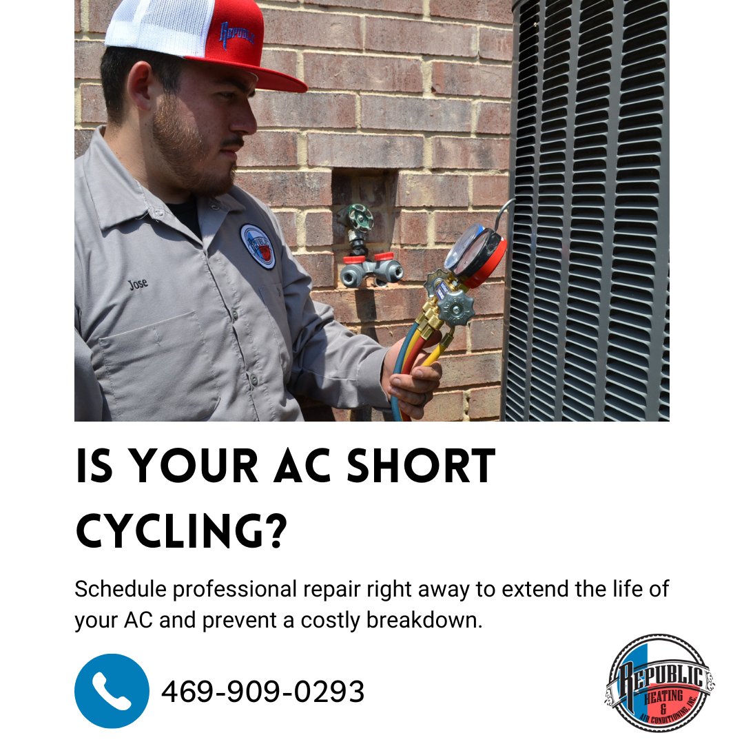 Republic_AC's tweet image. #CustomerFAQ: What is short cycling?  🧐

Short cycling is when your air conditioner shuts off before it’s completed the full cooling cycle. Usually, this cooling process lasts around 15 minutes, but a short-cycling system could shut off after 5 or 10.