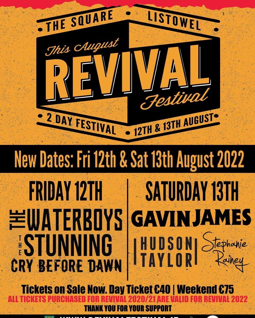 #TheWaterboys will be at REVIVAL FESTIVAL in LISTOWEL, CO KERRY, IRELAND on Fri 12 Aug. Come on out! Tickets are available at revivalfestival.ie/tickets/