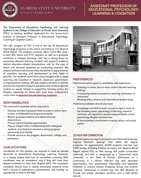 AlysiaRoehrig's tweet photo. Searching for Assistant Prof in Learning &amp; Cognition (my program!) in the Department of Educational Psychology and Learning Systems at Florida State University. Apply at https://t.co/qYuFwT53pX by 9/30/22. Search Chair Dr. Beth Phillips bmphillips@fsu.edu. @APADivision15 https://t.co/eISQ5scTJd