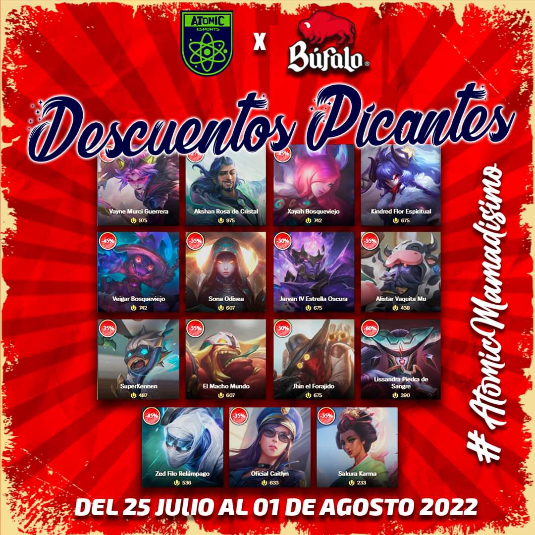 Llegan los descuentos picantes 🔥🔥

Vayne murci guerrera🦇🏹 o Akshan rosa de cristial🌹💎

@salsabufalo @lvpmex
#ALaBúfalo #DDHLOL #AtomicMamadisimo #TiendaLoL