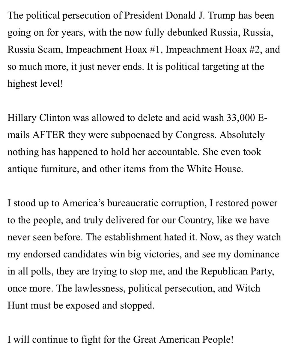 TayFromCA's tweet image. 45: The political persecution of President Donald J. Trump has been going on for years, with the now fully debunked Russia, Russia, Russia Scam, Impeachment Hoax #1, Impeachment Hoax #2, and so much more, it just never ends. It is political targeting at the highest level!