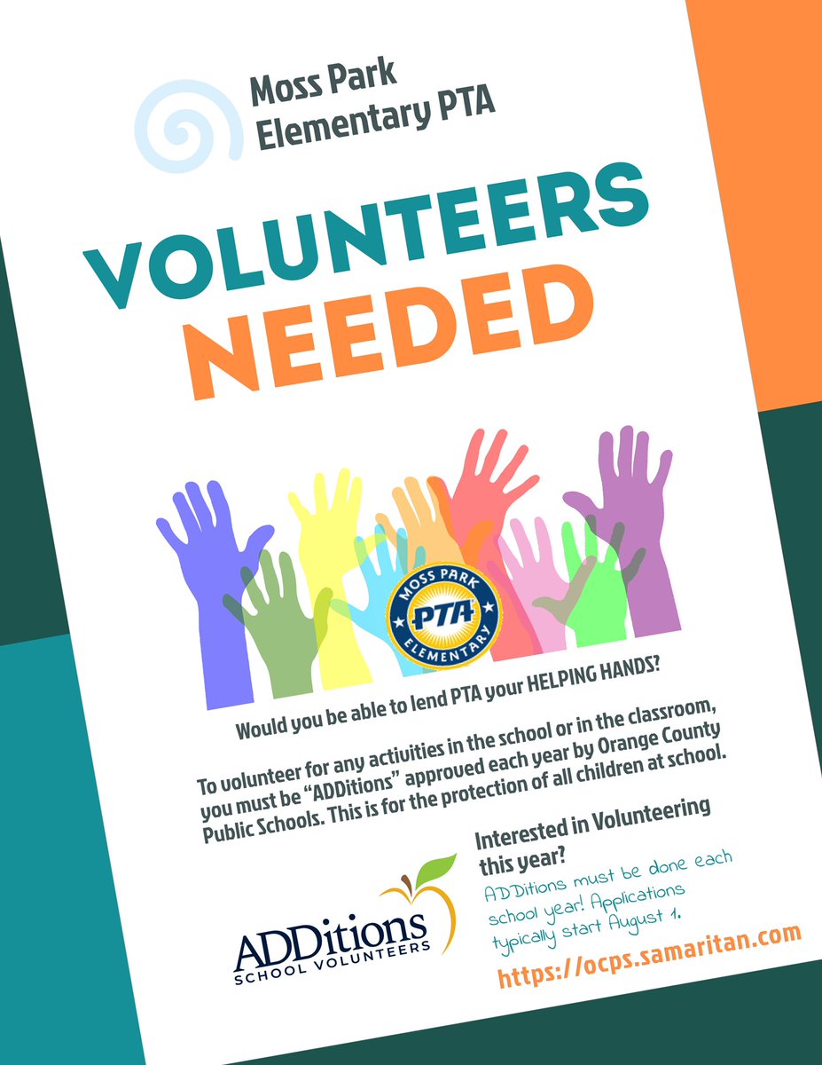 MossParkPTA's tweet photo. Want to volunteer? Be a room parent? Or even join your student on a field trip? Step #1 is to get ADDitions approved! Head to https://t.co/3G8DY3So8r to apply today. 

ADDitions has to be done every school year. If you were approved last year you still need to reapply this year. https://t.co/rVziGyQ17s