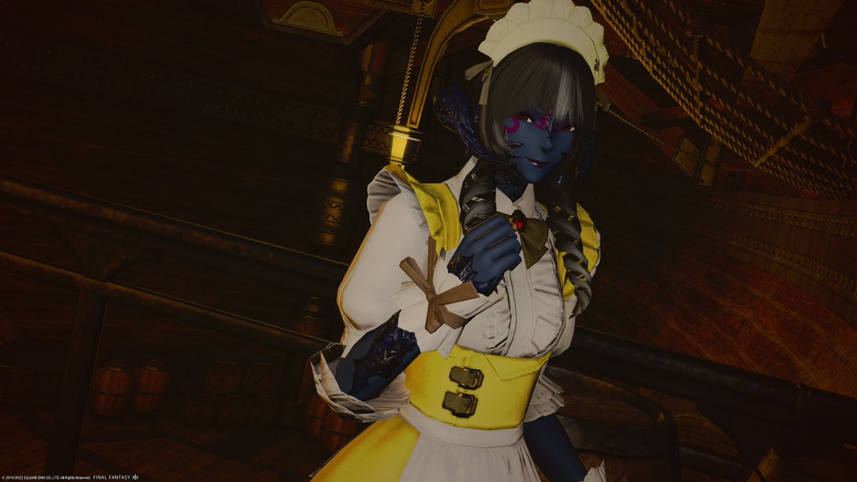 IyaYoake's tweet photo. Hey friends! Working as maid onboard doesn't make for just a cheap fare, it also allows Iya to snoop below decks in all sorts of crates and barrles... what curious supplies! And, don't tell the captain, extra snacks! #FF14 #FFXIV #GPOSERS https://t.co/1FnDrdB9Dx