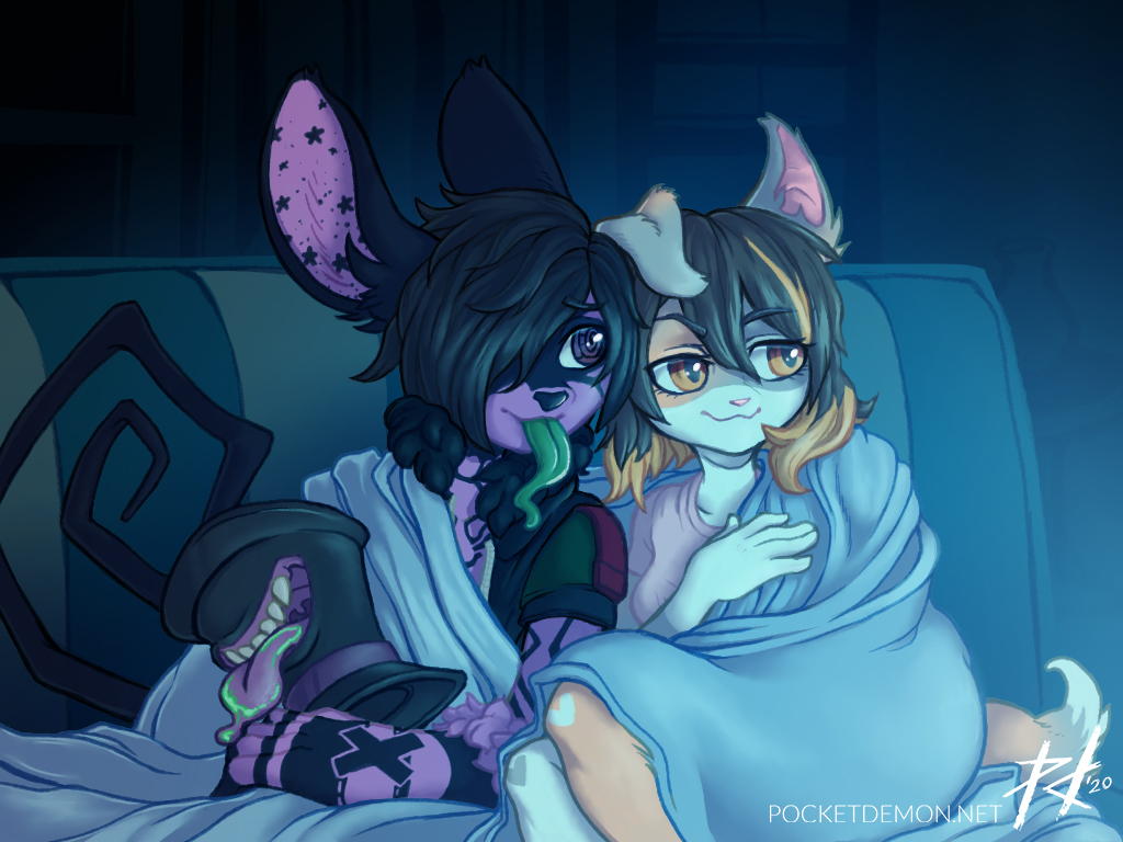 AtomixRuling's tweet image. who wants to snuggle up and watch a movie???

art by the fantastic @demoninapocket 

very old piece they did but i didn't use tweetar at the time and was like "i should find them and shower them with praise" so now here we are \o/ yay!! #art #Commission #VTuberUprising