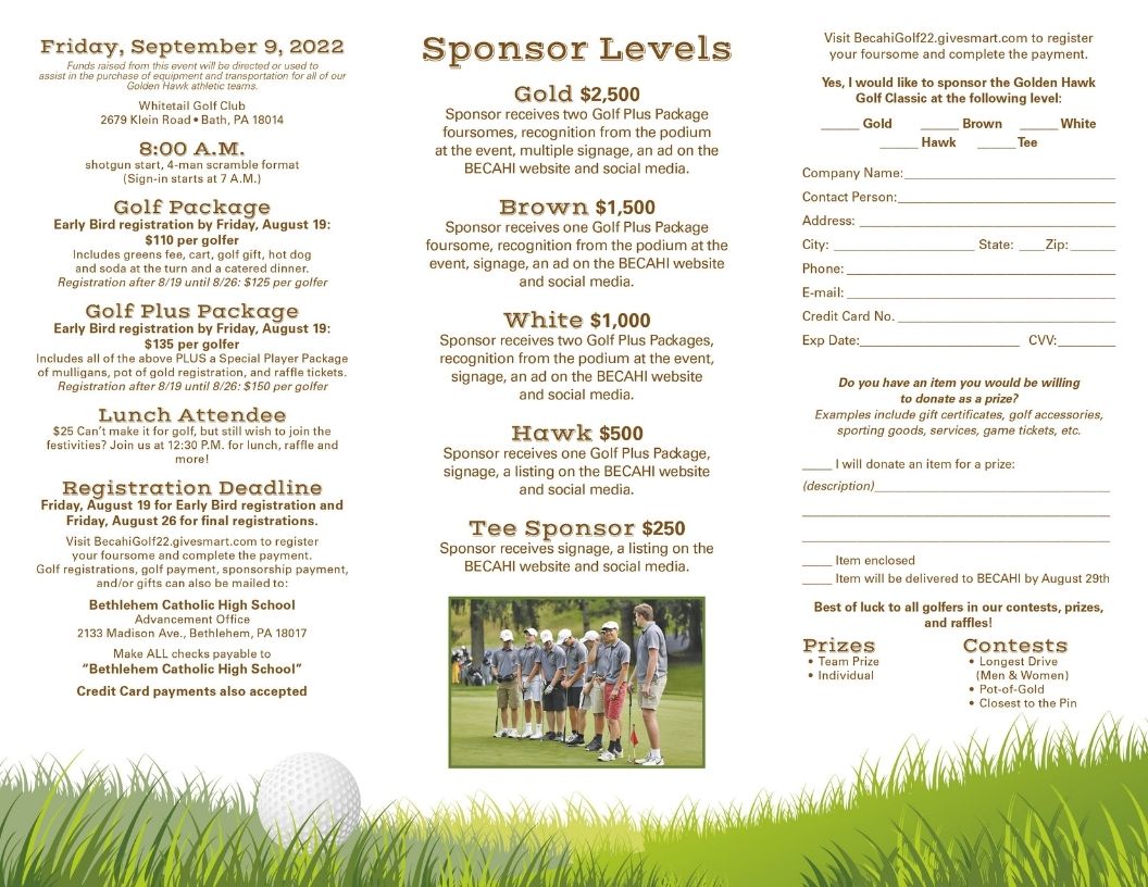Bethlehem Catholic (@becahi_hawks) on Twitter photo ๐ถ๐๐๐๐๐ ๐ท๐๐ ๐ ๐ถ๐๐๐ ๐ฒ๐๐๐๐๐๐
Friday, September 9, 2022 at Whitetail Golf Club
Register your foursome! Go to BecahiGolf22.givesmart.com to register at our Early Bird prices before 8/19
Email slumi@becahi.org with any questions or information about sponsorships. ๐ถ๐๐๐๐๐ ๐ท๐๐ ๐ ๐ถ๐๐๐ ๐ฒ๐๐๐๐๐๐
Friday, September 9, 2022 at Whitetail Golf Club
Register your foursome! Go to BecahiGolf22.givesmart.com to register at our Early Bird prices before 8/19
Email slumi@becahi.org with any questions or information about sponsorships.