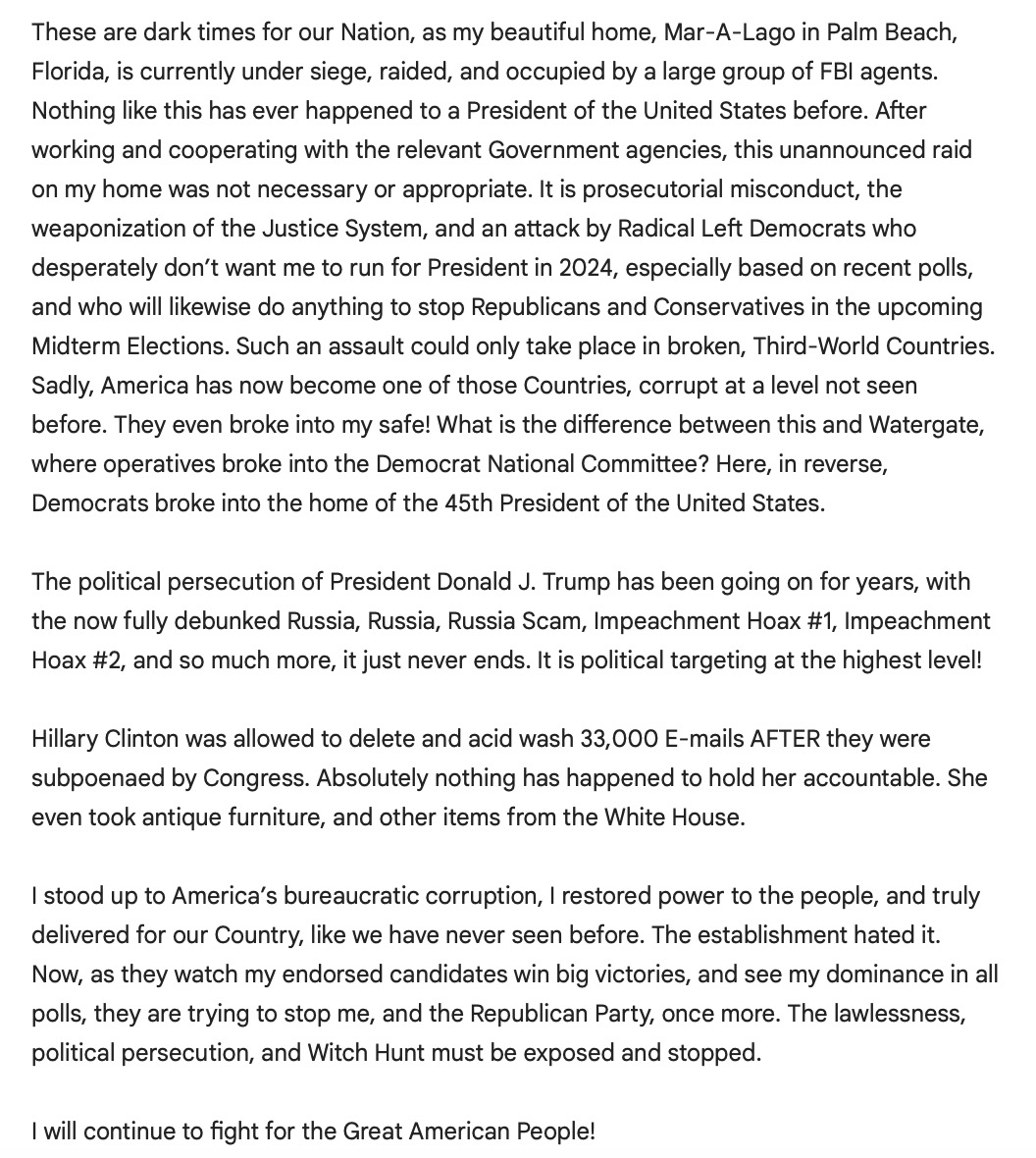 Shelby Talcott on Twitter: "Trump, in a lengthy statement, says the FBI