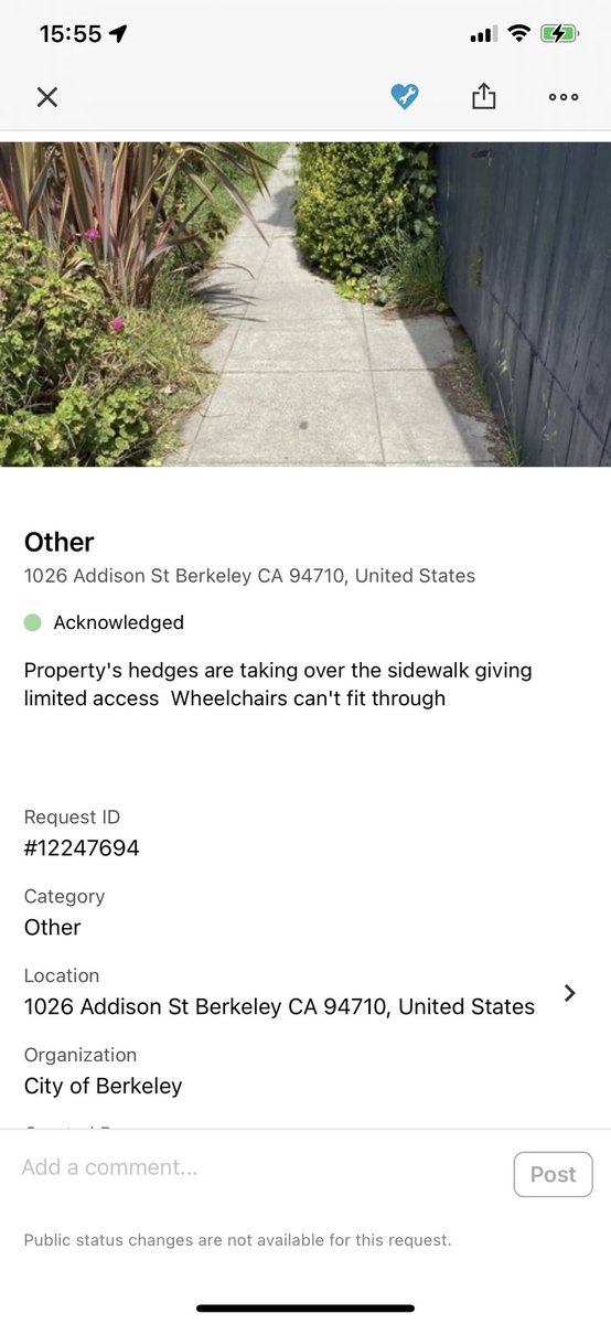 BeBestBerkeley's tweet image. .@CityofBerkeley please explain to your citizens why it takes months to ensure compliance with ADA regulations and unblock a public sidewalk #seeclickfix  #ADA #fixit #blocked @berkeleyside