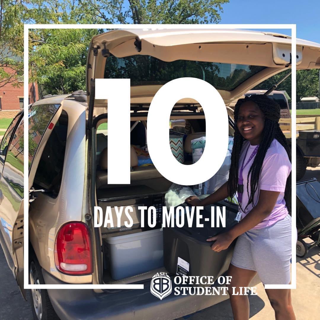 ASUBStudents's tweet image. Only 10 days until New Resident Move-in Day on Thursday, August 18th. We can’t wait to start making memories with you! For the latest information on Move-in Day festivities at ASU-Beebe, visit the Move-in Day page of the website: asub.edu/student-life/r….

🖖#BeVanguard #ResLife