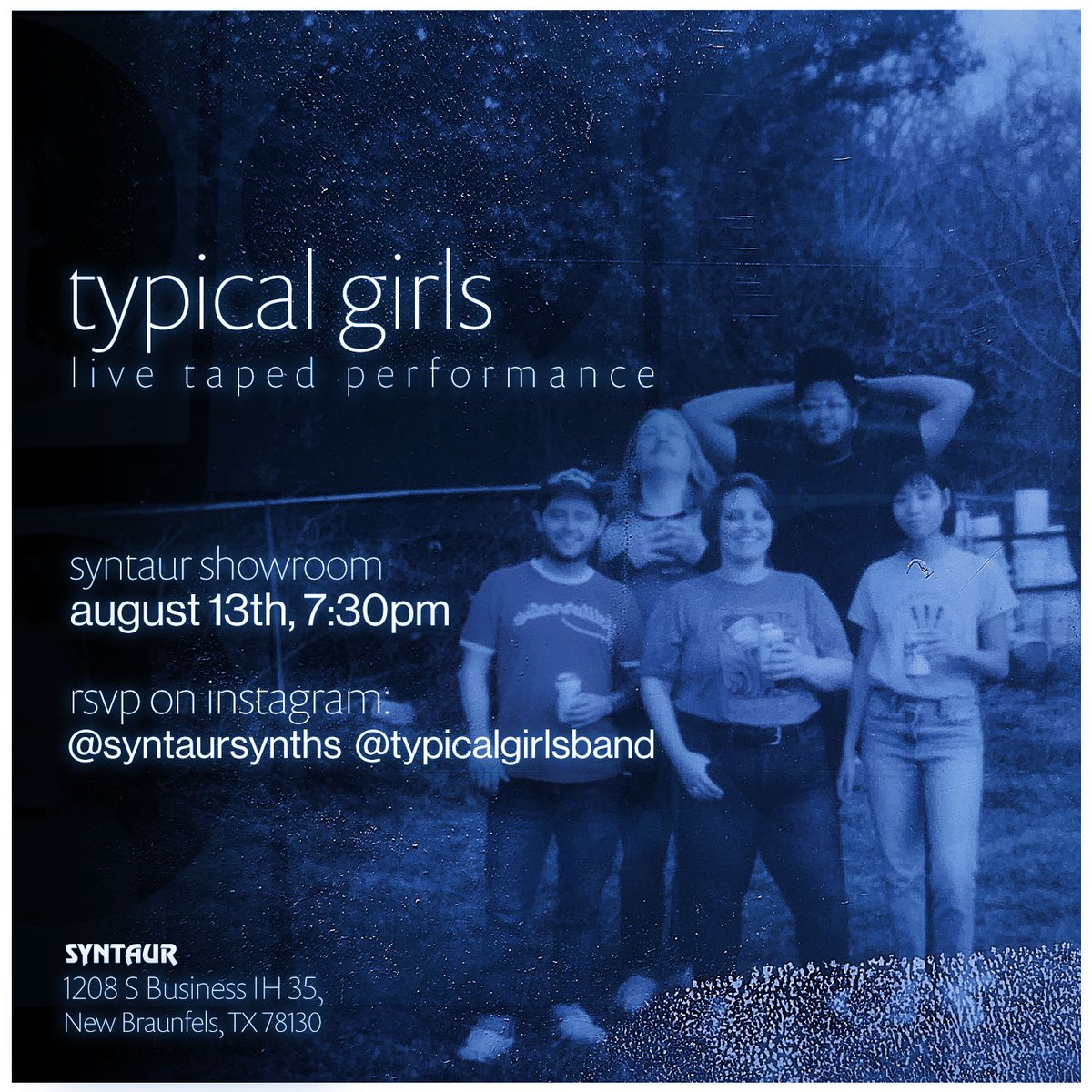 Come join us on Saturday, August 13th at 7:30pm in our synthesizer showroom for a live performance of San Marcos based Typical Girls. This will be videotaped for later release, so please RSVP us on Instagram or Facebook to guarantee a spot. After the set, mix and mingle!