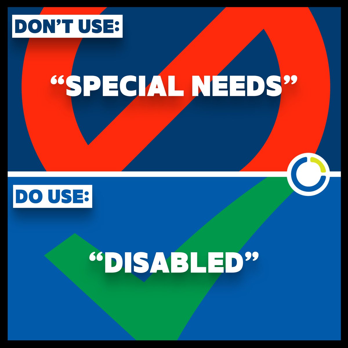 1in4coalition's tweet photo. Don't say, special needs. Do say, Disabled.

#AbleistLanguage #DoAndDont #1IN4Coalition #Disabled #Disability https://t.co/9ivFApo2tI