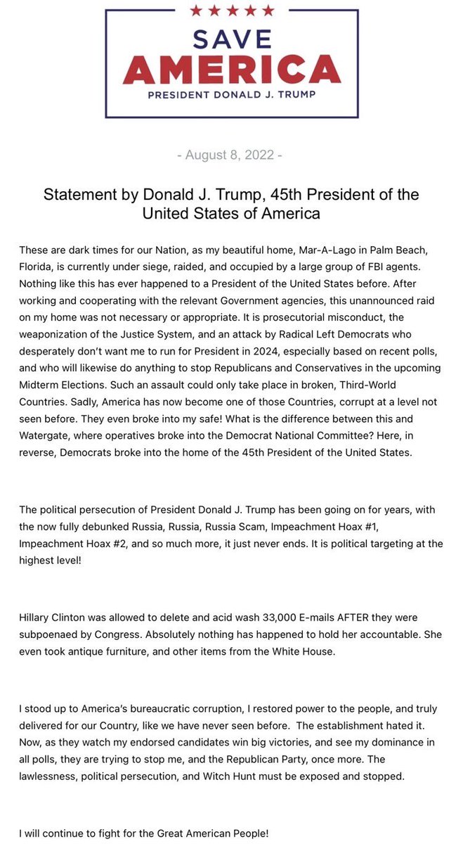 FmrRepMTG's tweet image. The FBI is raiding President Trump’s home in Maralago!

This is the rogue behavior of communist countries, NOT the United States of America!!!

These are the type of things that happen in countries during civil war.

The political persecution MUST STOP!!!