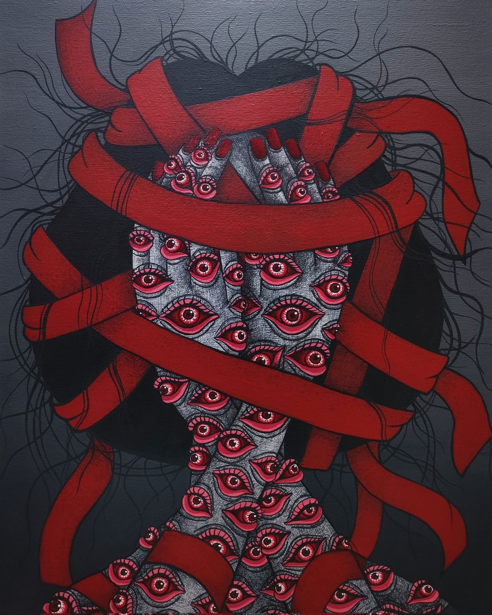 Dark Emotions # 06
Acrylic paint and pen on canvas,60x80 cm
เราปิดตา เพื่อไม่มองสิ่งชั่วร้าย
เราปิดปาก เพื่อปิดวาจาเลวร้ายของตัวเอง 
แต่เราไม่ปิดหู ที่คอยรับฟังสิ่งต่างๆรอบตัว
#womenartists #myartwork
#darkart #eyeball #surrealhorror
#macabre
#eyehorror #crepyartwork  #Feminist