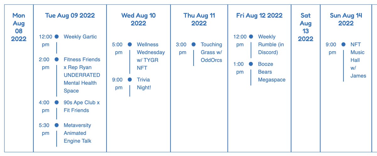 Weekly schedule (in ET)!

Tues - Gartic + mental health <a href="/mongressman/">Rep. Ryan</a>, @90sApeClub getting FIT, @Metaversity_ animated art engine
Wed - Wellness Wednesday @TYGRNFT + Trivia
Thurs - Touching grass <a href="/oddorcs/">Odd Orcs</a> 
Fri - Rumble + <a href="/BoozeBears/">Booze Bears ®</a> megaspace
Sun - <a href="/FellenzMusic/">fΞllΞnz</a> metaverse concert