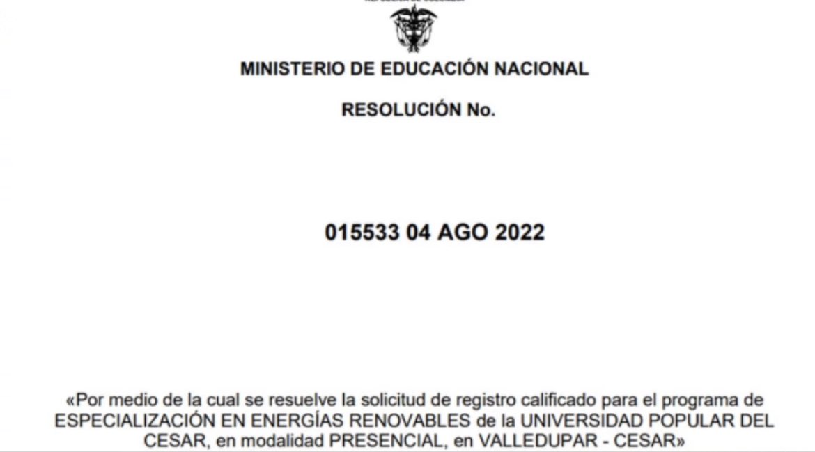 atamanjarrezmur's tweet photo. Buenas noticias @Unipopularcesar el Min Educacion ha otorgado un nuevo Registro Calificado para el Programa de Especialización en Energías Renovables en modalidad presencial @RoberRomeroR seguimos avanzando en nuestra Universidad @Co_Inter_Cesar https://t.co/IMZ4OIINTD