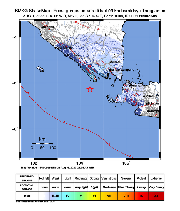infoBMKG's tweet photo. #Gempa Mag:5.0, 09-Agu-22 06:15:08 WIB, Lok:6.28 LS, 104.42 BT (Pusat gempa berada di laut 93 km baratdaya Tanggamus), Kedlmn:10 Km Dirasakan (MMI) III Liwa #BMKG https://t.co/WSeoJdf4xP