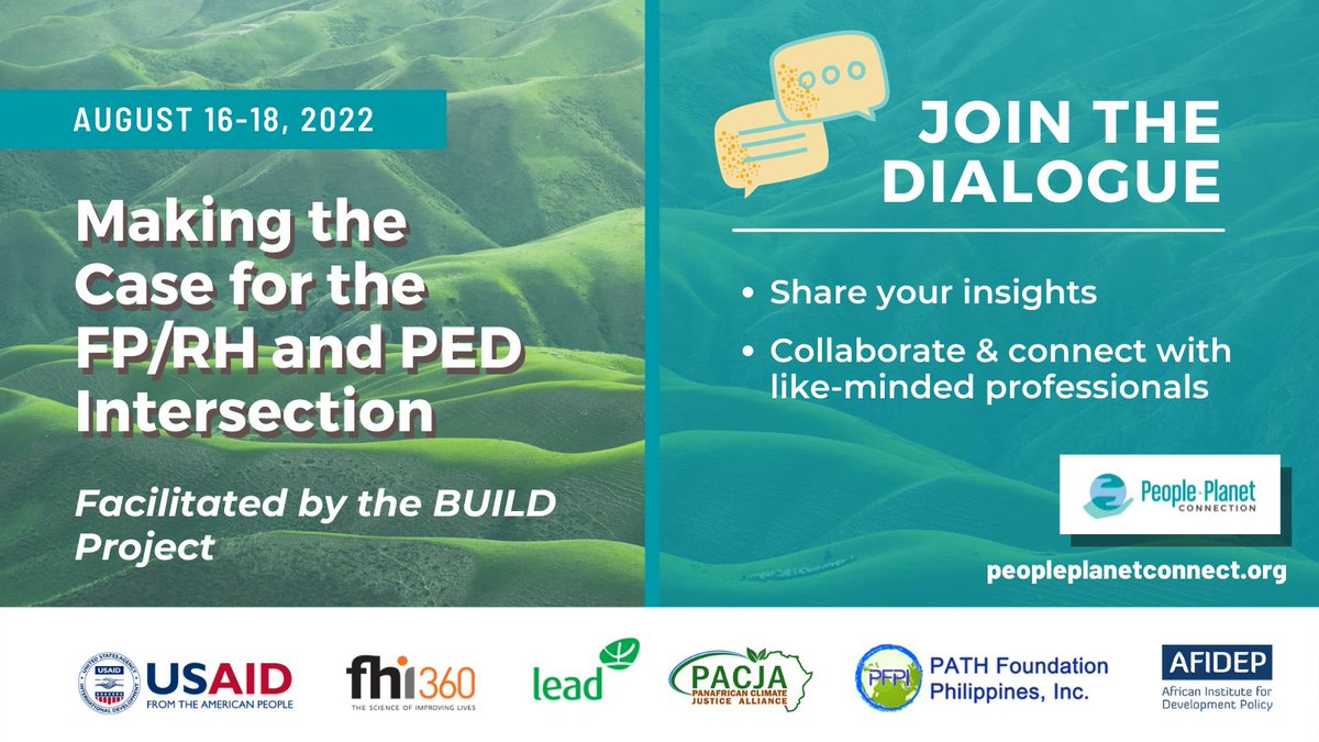 Ready for the next #PeoplePlanetConnect dialogue? Let’s explore integrated voluntary FP/RH & PED and its collective, impactful results with the #BUILDProject. Tune in & share your insights Aug 16-18. @Afidep @fhi360 @PACJA1 discourse.peopleplanetconnect.org/c/build-projec…
