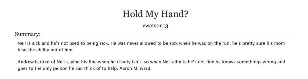 #aftgficrec 

Hold My Hand? - cwatson13

archiveofourown.org/works/40269825

rated G