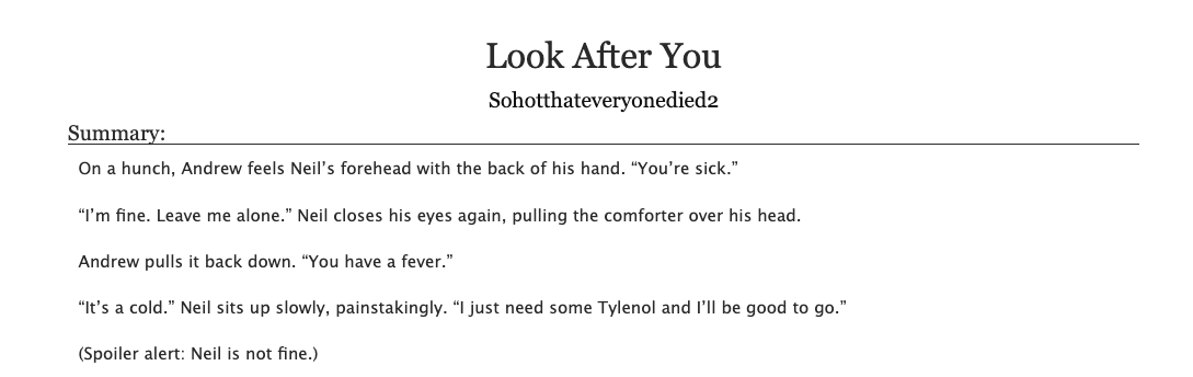 #aftgficrec

Look After You - Sohotthateveryonedied2

archiveofourown.org/works/40404027

rated T