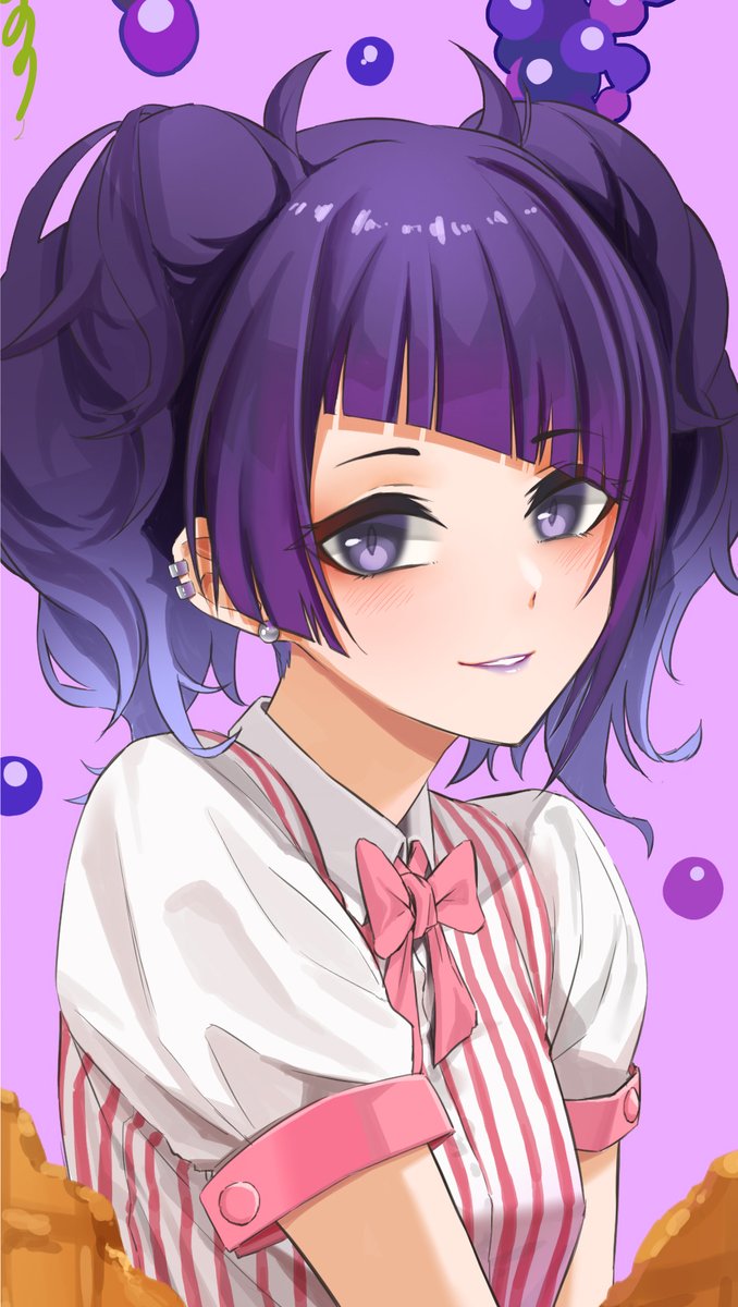 tanaka mamimi 1girl diagonal bangs purple hair solo twintails purple lips purple eyes  illustration images