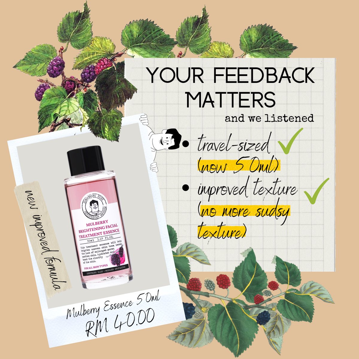 somethingelseHQ's tweet photo. You guys asked, and we listened. Our NEWLY IMPROVED-FORMULA of the beloved Mulberry Brightening Facial Treatment Essence. If you liked our essence before, you will LOVE our new formula.
Get your hands on it now!! https://t.co/TyiBGuMR7v