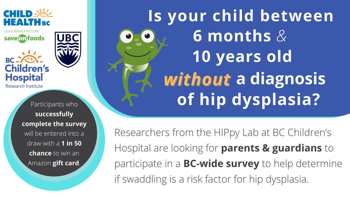 Is your child between 6 months & 10 years old WITHOUT a diagnosis of hip dysplasia? Our HIPpy Lab & partners are looking for participants for a study on swaddling. There are prizes! redcap.link/swaddling @BCCHresearch