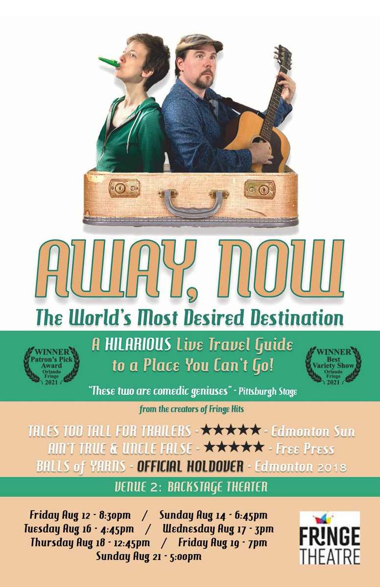 Tickets are flying AWAY, NOW at <a href="/edmontonfringe/">Edmonton Fringe</a> . 

Get yours! tickets.fringetheatre.ca/event/601:4369/

AWAY, NOW, by Erika Kate MacDonald and Paul Strickland opens this Friday, 8/12, in Venue 2 - The Backstage #yegfringe #yegarts #destination