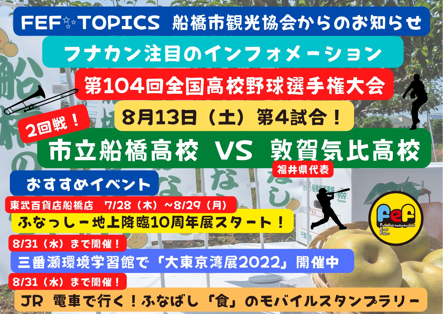 Fef 船橋市観光協会 おはようございます 8 9 火 船橋市の天気は晴れ 最高気温は34 の猛暑日です 昨日の甲子園 市船の追撃から目を離せなかった方も多かったのでは 2回戦は8 13 土 の第4試合 対戦相手は敦賀気比高校 福井 です 楽しみですね