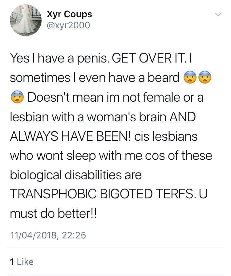 Lesbians are exclusively same-sex attracted females. No male is a lesbian, & no amount calling us bigots or transphobes will change that fact. Imagine thinking a lesbian wld suddenly be attracted to a male b/c he..believes in his mind he's woman. It's laughably absurd. #DropTheT