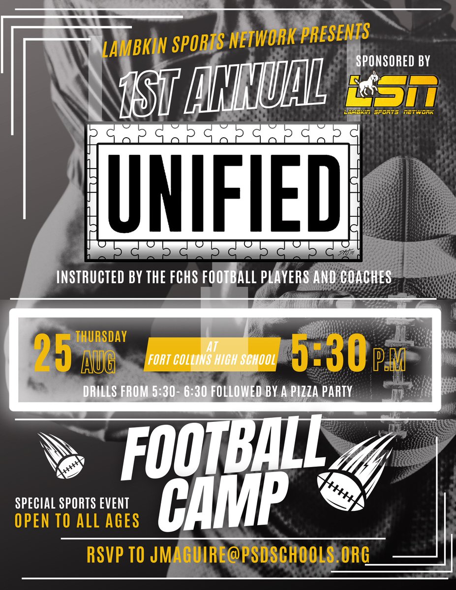 Football and pizza! It doesn't get much better! This camp is open to all PSD Integrated Services students aged 3-21. <a href="/PSD_ATHLETICS/">PSD Athletics Official</a> <a href="/ColoradoanSpts/">Coloradoan Sports</a>  <a href="/LambkinsFB/">Lambkins Football</a> <a href="/FCHSLambkins/">FCHS Lambkins</a> <a href="/RMHSLOBOS/">Rocky Mountain</a>  <a href="/CubHSAthletics/">Timnath High School Athletics</a>  <a href="/Poudre_IS/">Integrated Services</a> <a href="/FossilRidgeHS/">Fossil Ridge High School</a> <a href="/impalatweets/">Poudre High School</a>