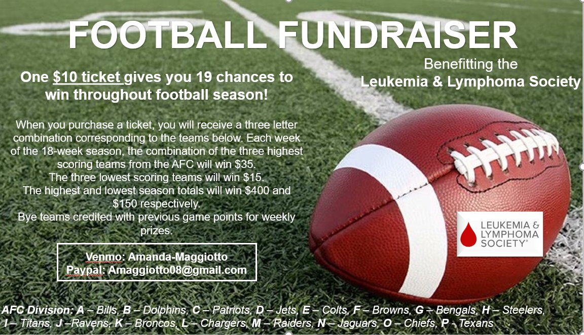 Do you like football and money? Do you hate cancer? Me too! Consider purchasing a ticket (or ten) for 19 chances to win some money throughout football season. All proceeds benefit @LLSusa! Details below! If you venmo/paypal me, I'll send you back a picture of your ticket!